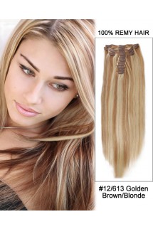 14” 7pcs #12/613 Brown/Blonde Straight 100% Remy Hair Clip In Human Hair Extensions 14” 7pcs #12/613 Brown/Blonde Straight 100% Remy Hair Clip In Human Hair Extensions